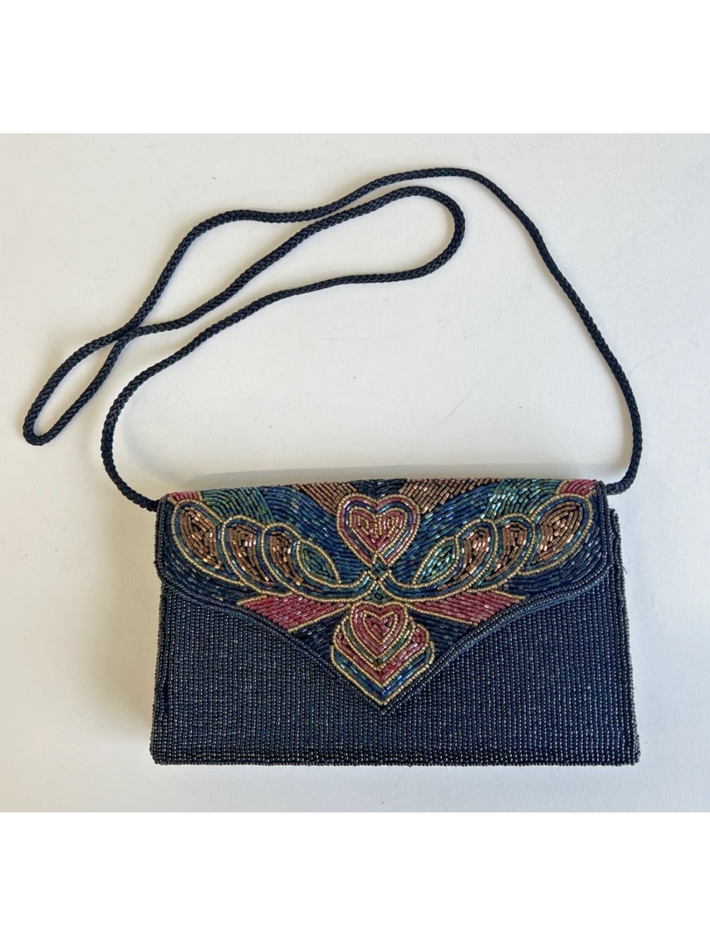Vintage Beaded Navy Crossbody Evening Bag Multicolor Heart and Scroll Design